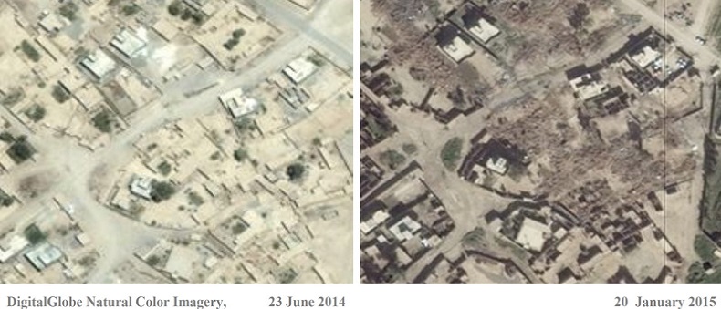 Side-by-side comparison of destruction in the Iraqi village of Jumeili Before photo date: 23 June 2014. After photo date: 20 January 2015.